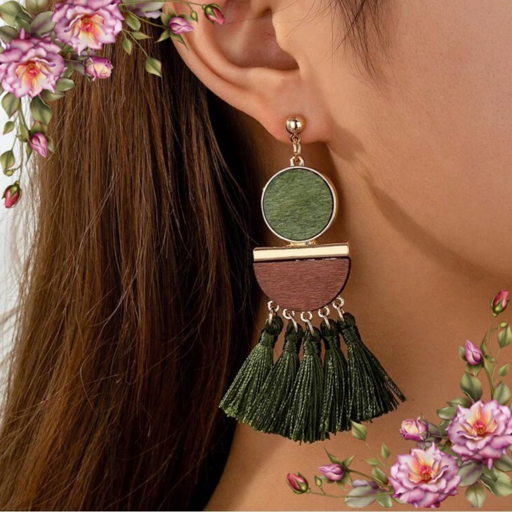 Elegant Boho Style Handmade Wood Wrapped‎ Wire Dangle Tassel Earrings